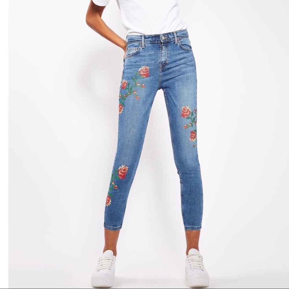New TopShop Moto Jamie Embroidered Floral High Rise Denim Skinny Jeans 28
